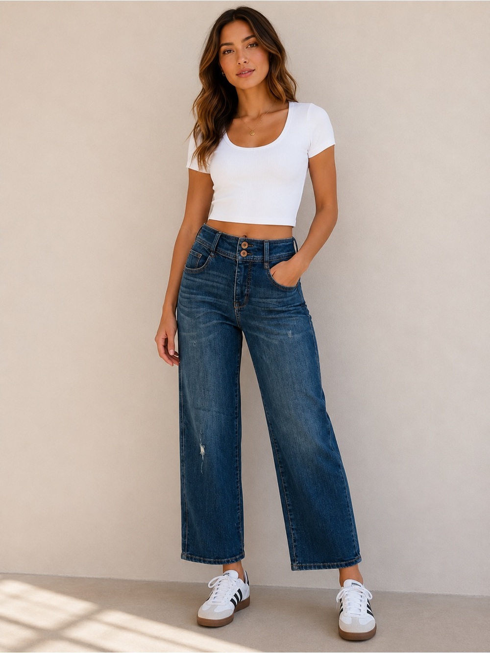 Pilcro High Rise Double Button Straight Leg Jeans Medium Wash Distressed Denim